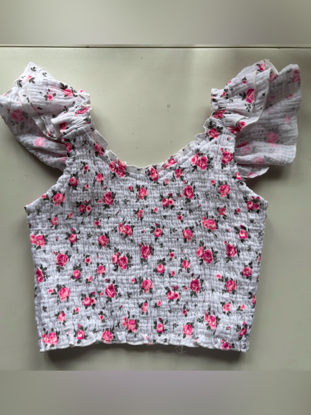 Flowers by Zoe White Smocked Shirt with Pink Rose Print—Sz S